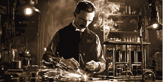 Animated banner telling the story of Nikola Tesla and electricity