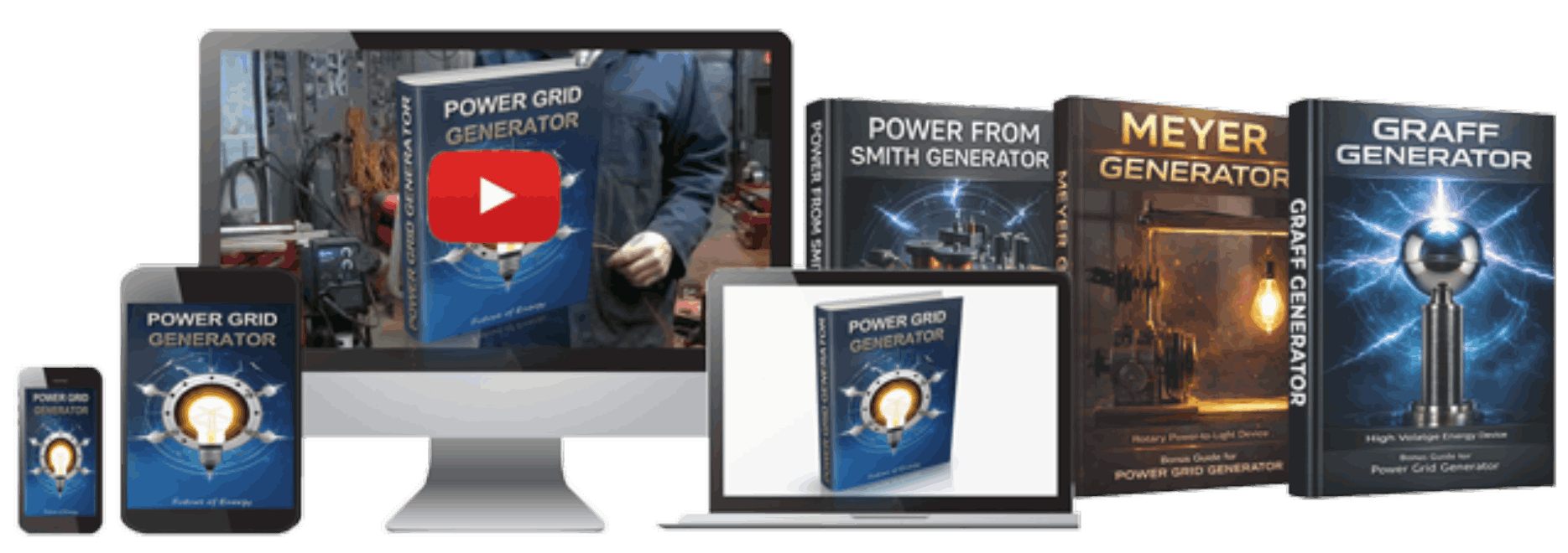 Power Grid Generator guide shown on desktop, tablet, phone and laptop with three bonus guide covers
