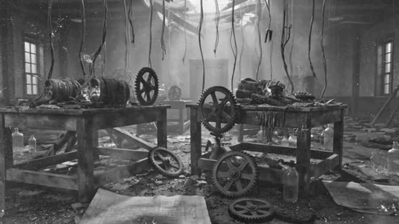 Ruined laboratory after a fire, with scorched equipment and debris
